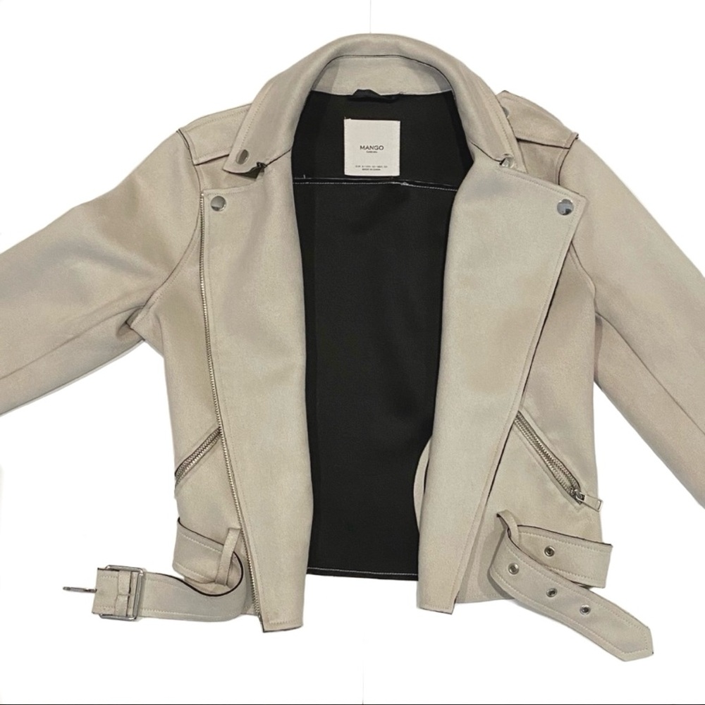MANGO Cream Faux Suede Biker Moto Jacket - Picture 7 of 12